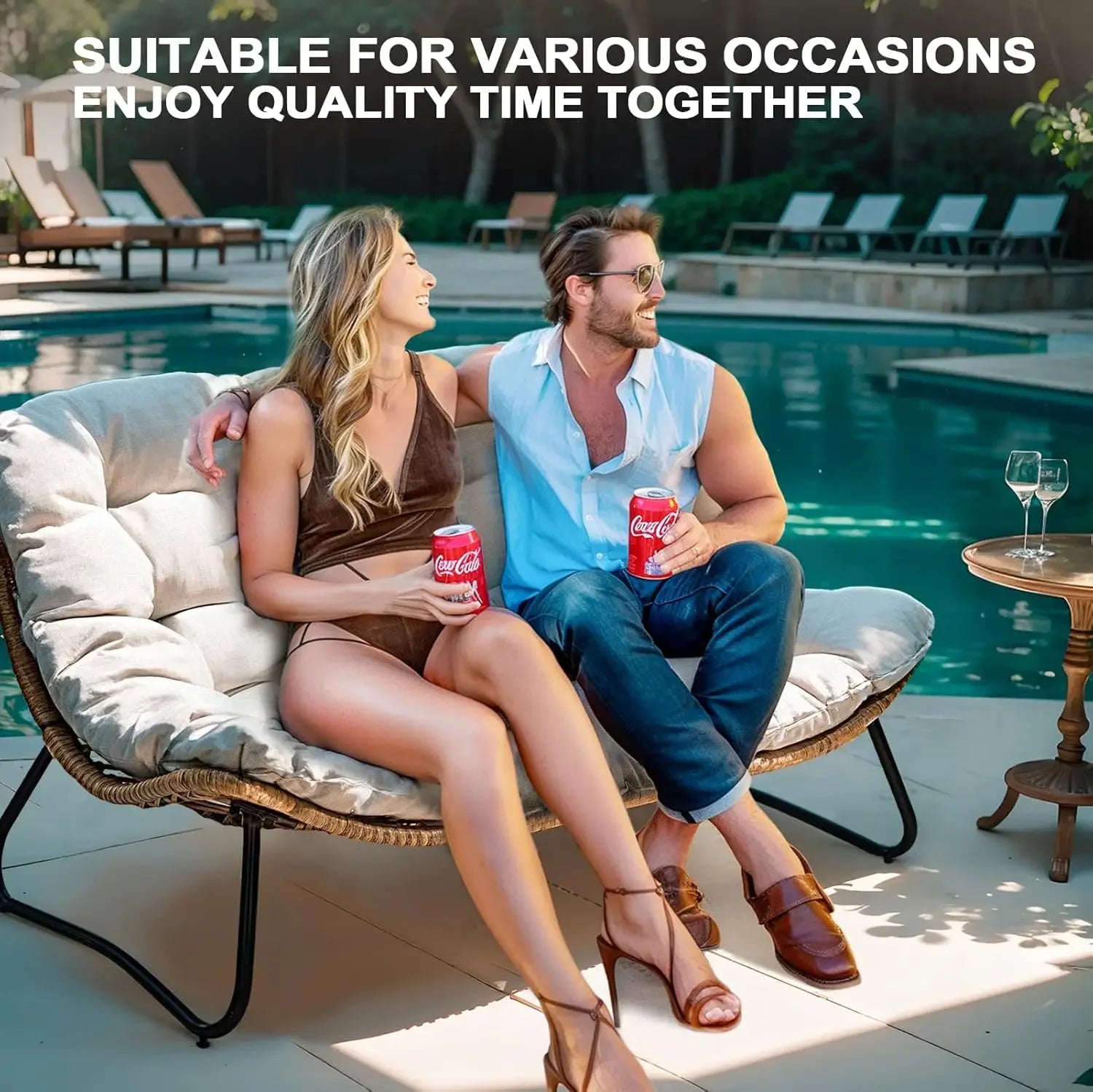 Outdoor Loveseat, 2 Seater Outdoor Couch with Soft Cushion, All-Weather Boho Rattan Patio Furniture for Balcony