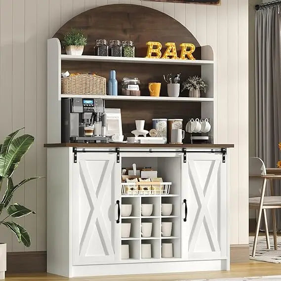 Farmhouse Coffee Bar Cabinet – 67″ Hutch with 3-Tier Storage & Sliding Barn Doors