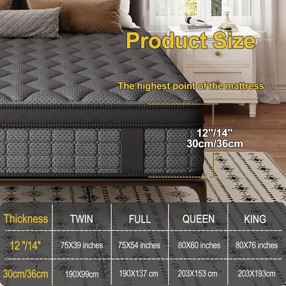 Mattress 14 Inch Hybrid Mattress in a Box，Medium Firm Mattresses with Gel Memory Foam & Pocket Springs, Pressure Relief