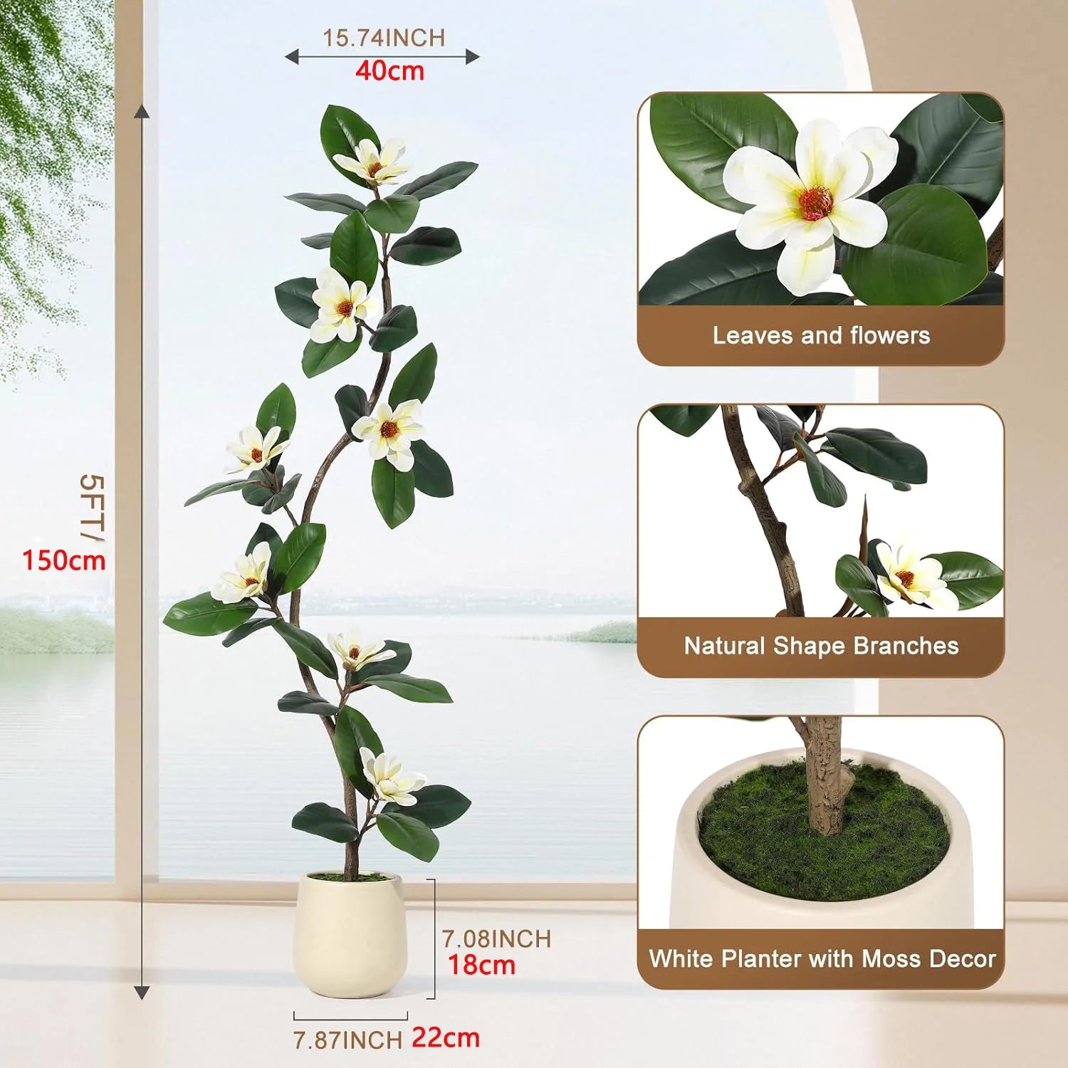 Artificial Rubber Tree with Magnolia Flowers 150/180/210cm Faux Plants with White Planter Pot Fake Tree for Home Office Decor