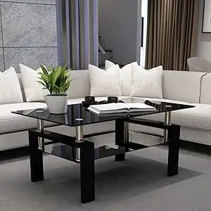 Clear Glass Coffee Table – All-Black Metal Tube Frame Center Table