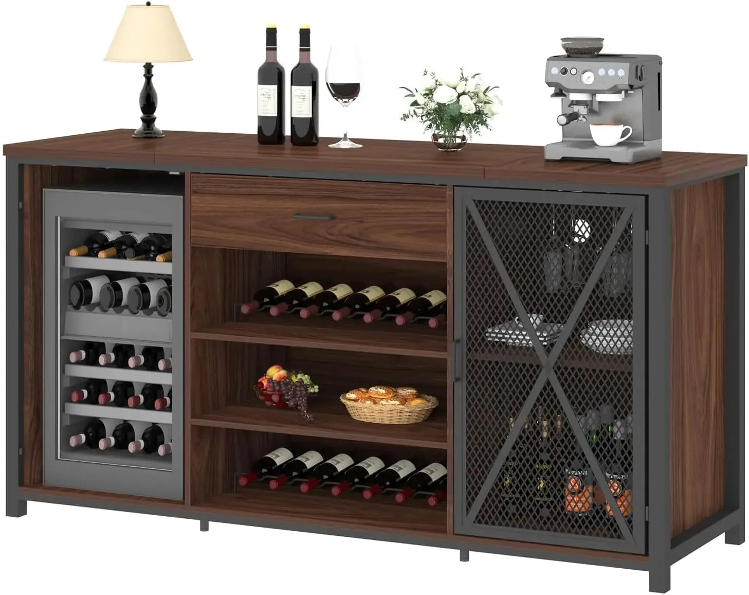 Farmhouse Wood & Metal Wine Cabinet – Large Bar Cabinet with Refrigerated Space