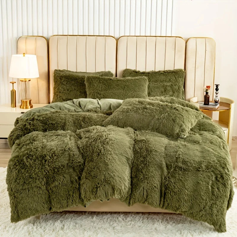 3-Piece Faux Fur Velvet Duvet Cover Set - Soft, Warm, Plush Bedding with Solid Color Design, 1 Duvet Cover and 1/2 Pillowcase, W