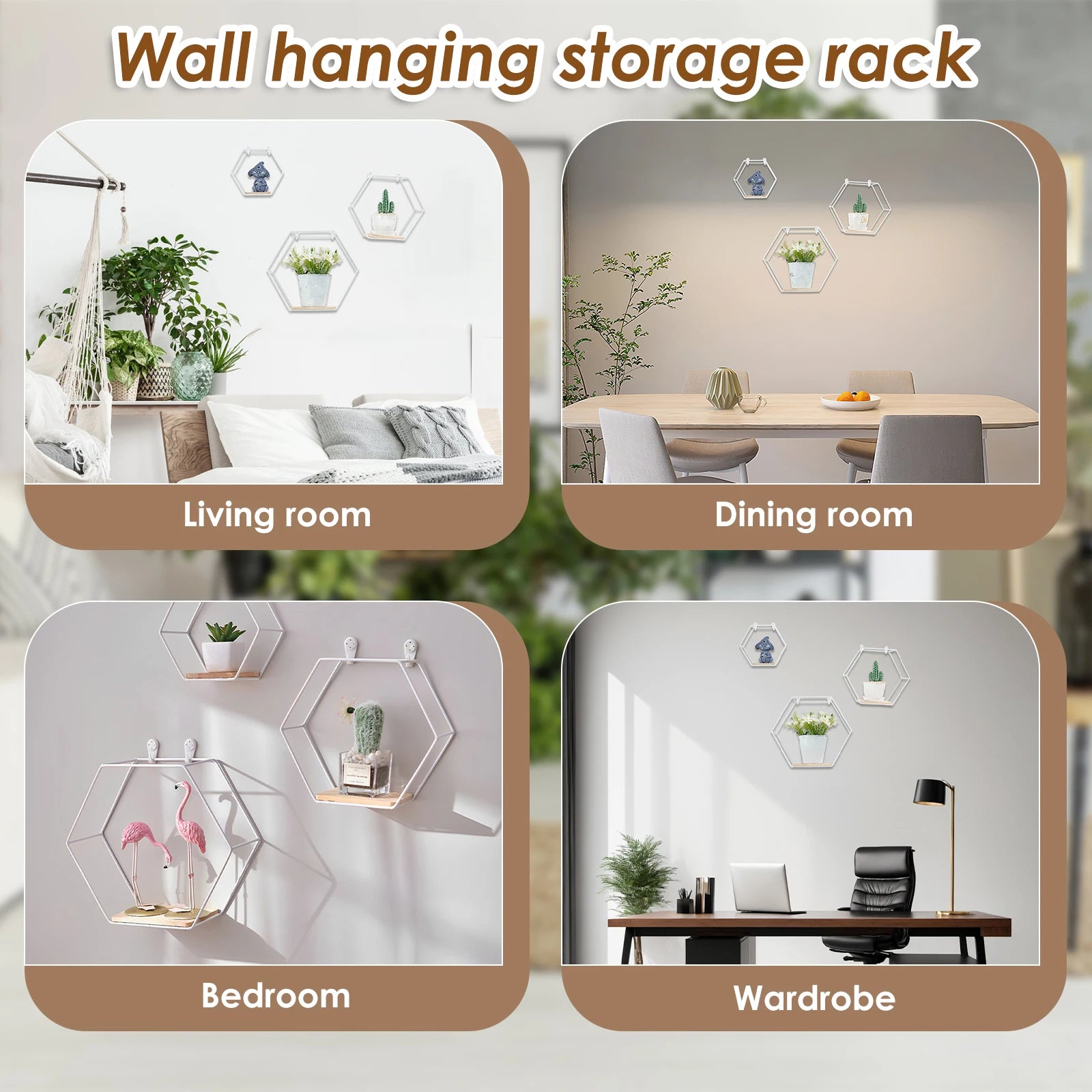 3Pcs Wall Mounted Hexagon Shelf Metal Anti Rust Storage Shelves Sundries Storage Holder Wall Decor for Bedroom Living Room