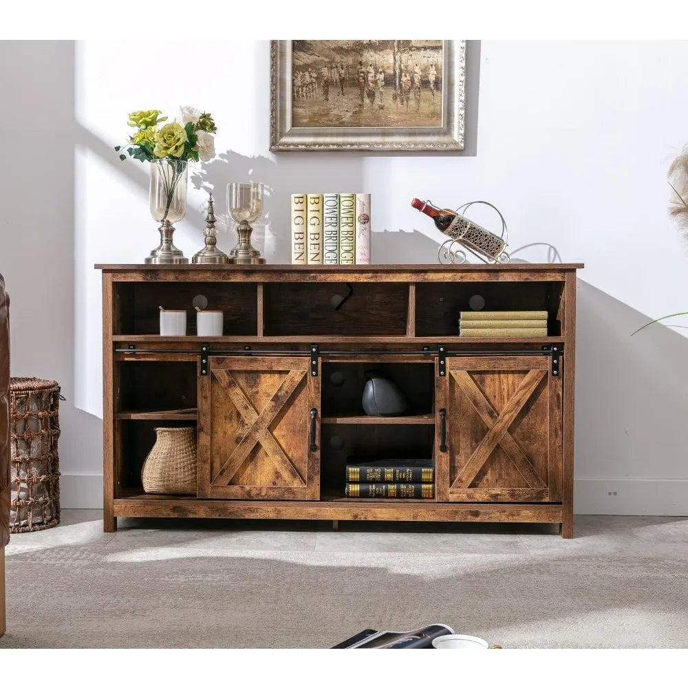 Farmhouse Coffee Bar Cabinet – Rustic Buffet Cabinet with Sliding Barn Door & Power Outlets