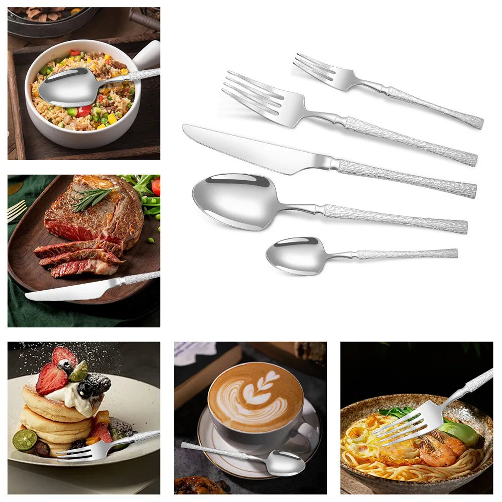 30pcs Hammer Pattern Small Waist Stainless Steel Steak Knife Fork and Spoon Creative Western Style Fork and Spoon Tableware Set