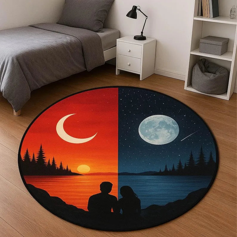 Black and Gold Round Rug Sun and Moon Design Celestial Yin Yang Carpet Boho Mystical Floor Mat Unique Spiritual Home Unique Gift