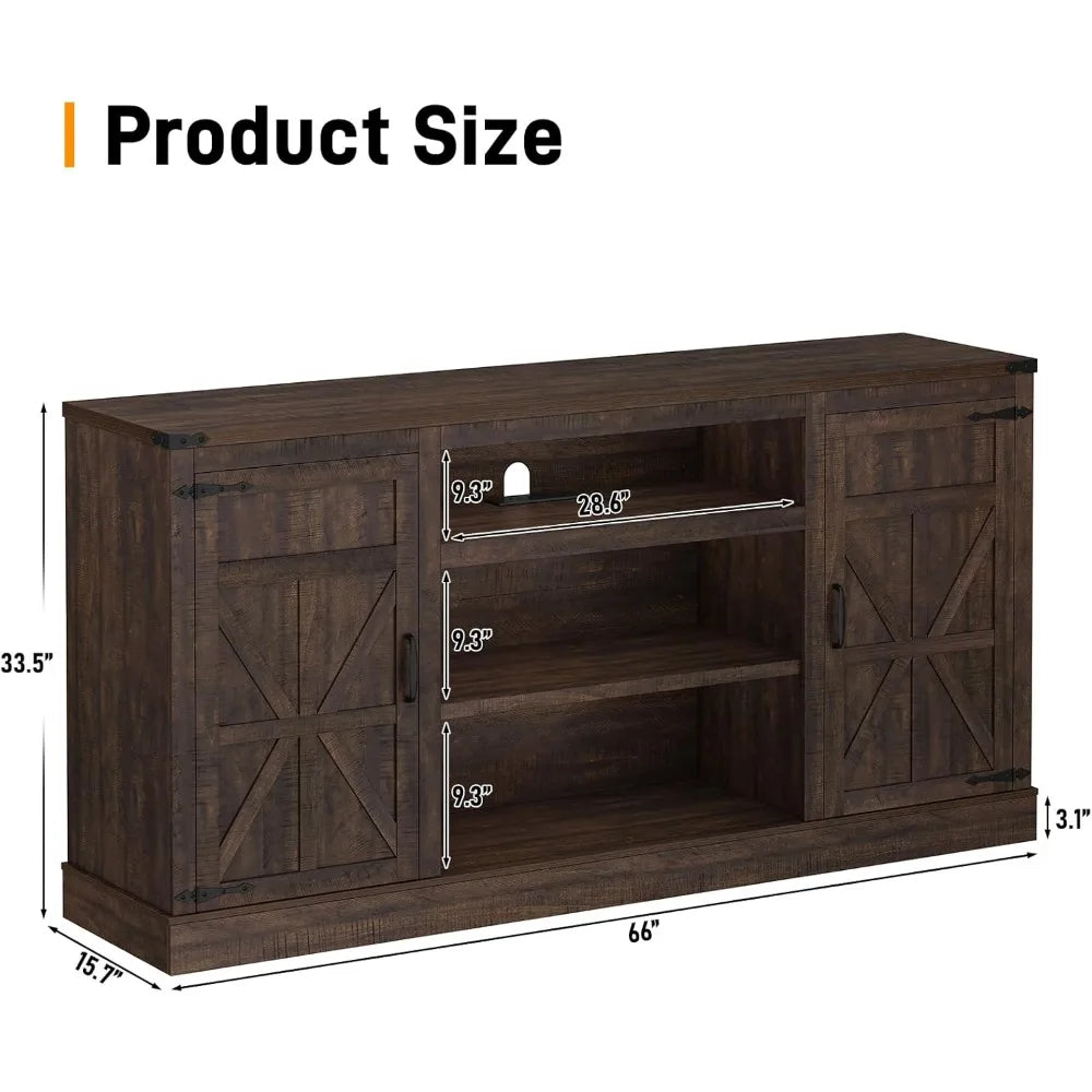 66 Inch Farmhouse TV Stand with Power Outlets for 75 Inch TVs 33 Tall Entertainment Center with Storage Cabinets Adjustable Shel