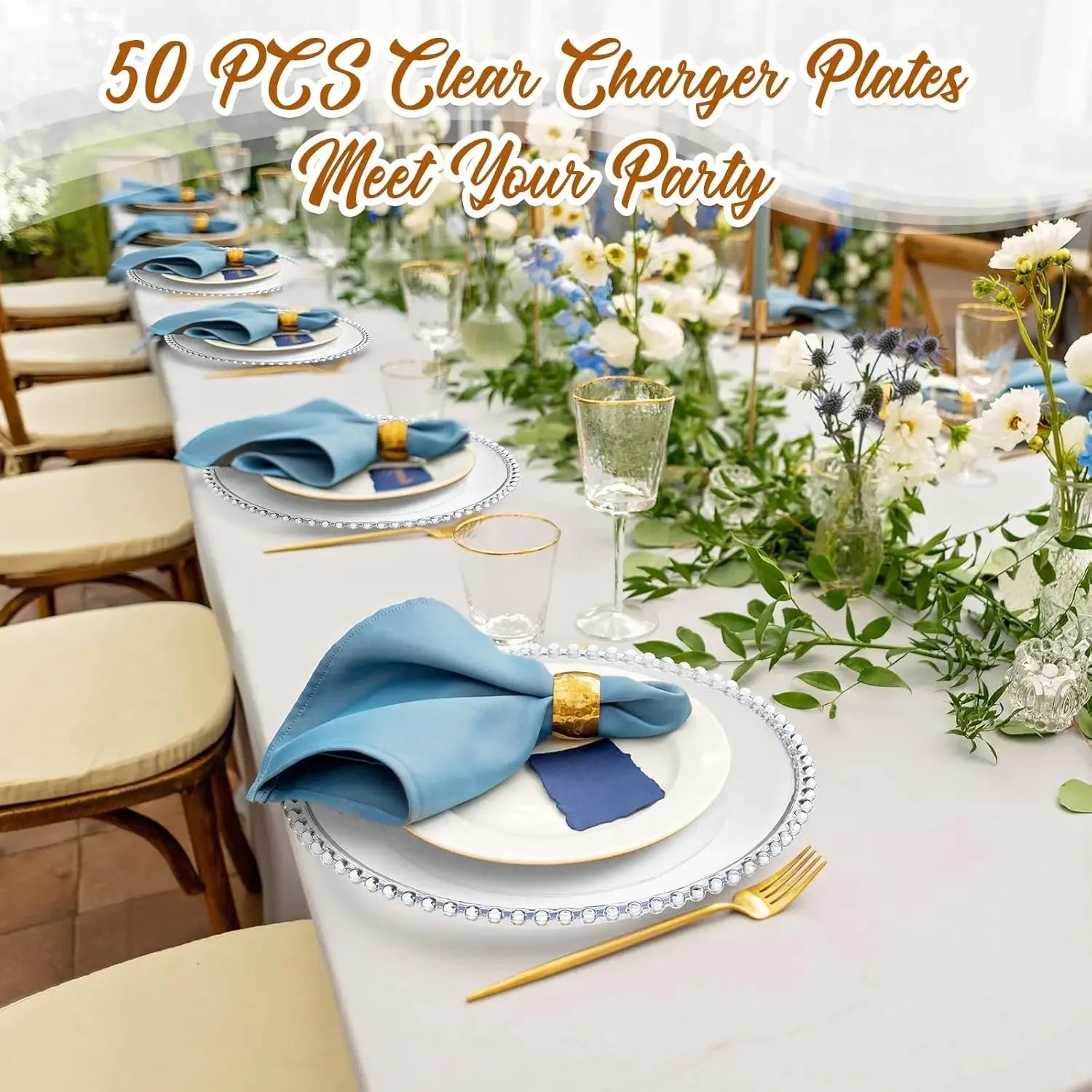 50PCS Clear Beaded Charger Plates – 13″ Acrylic Round Decorative Chargers