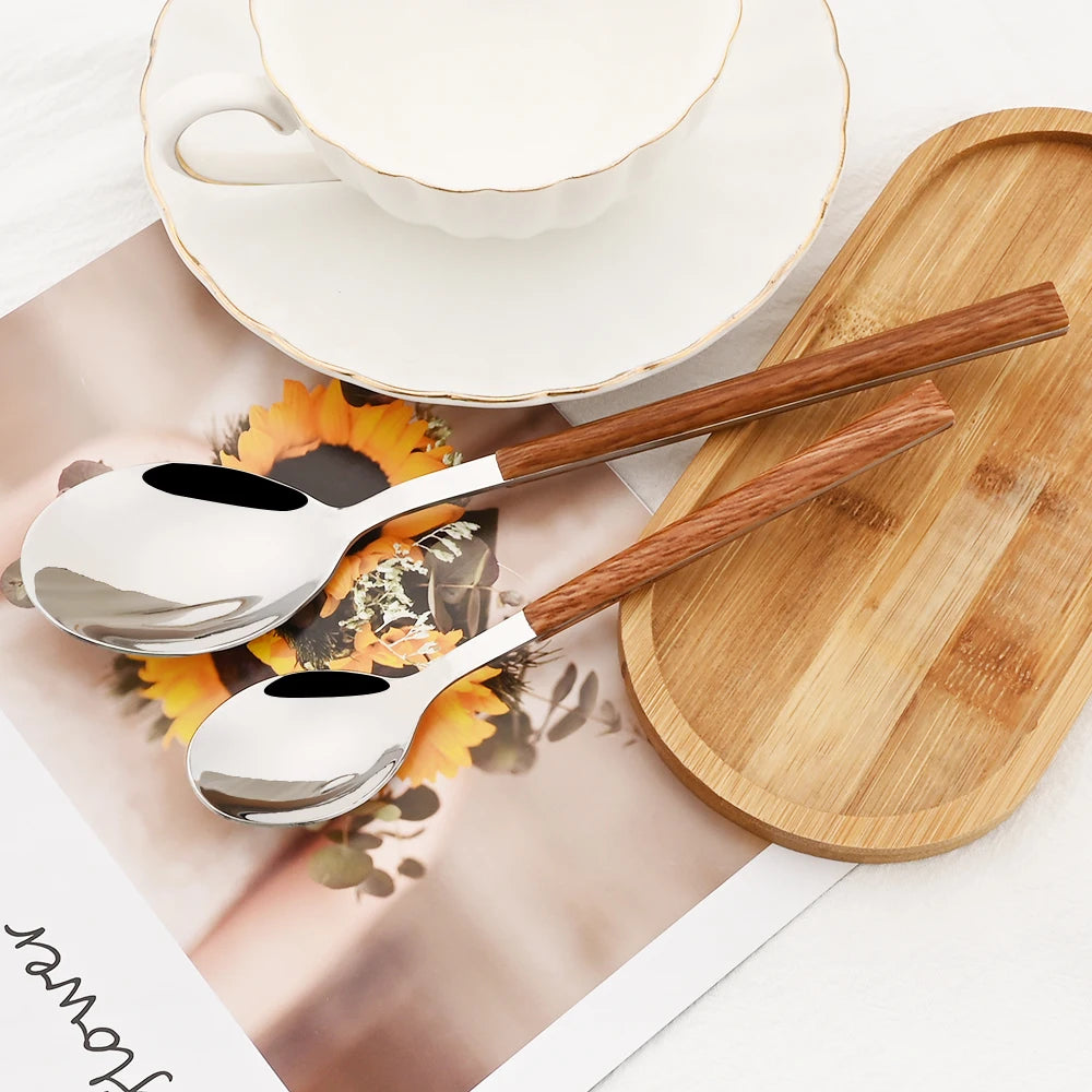 20Pcs Creative Rose Tableware Imitation Wood Handle Cutlery Set Knife Dessert Fork Spoon Dinnerware Set Stainless Steel Flatware