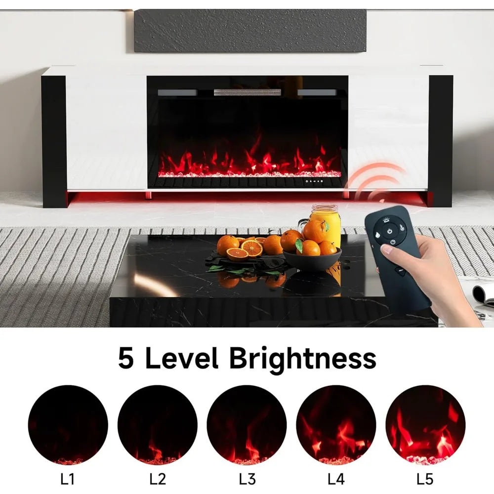 70" U-Shaped Leg TV Stand with 36" Electric Fireplace, High Gloss Finish Entertainment Center for TVs Up to 80", TV C