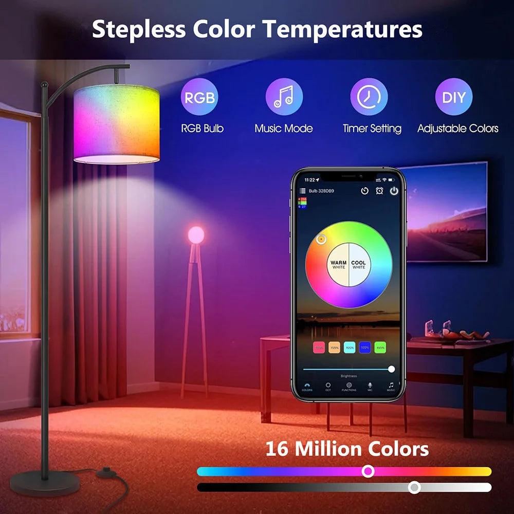 Smart WiFi Floor Lamp LED Modern RGB Adjustable Remote Control Dimmable Tall Reading Lamp Rotable Lampshade Standing Light