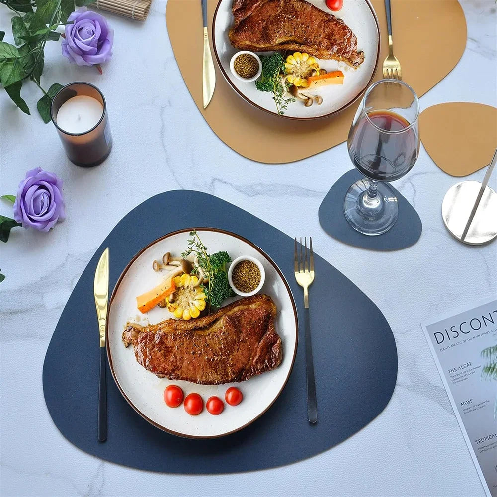 Irregular Shape PU Leather Placemats Set Oil-Proof Waterproof Dual-Sided Place Mats for Kitchen Bistro Tables Bars Coffee Shops
