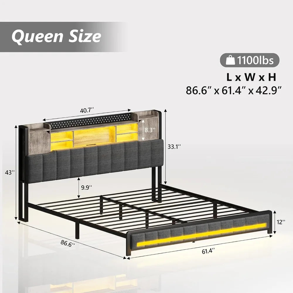 Queen Upholstered Bed Frame with Storage Bookcase Headboard & LED Lights – USB Charging Station