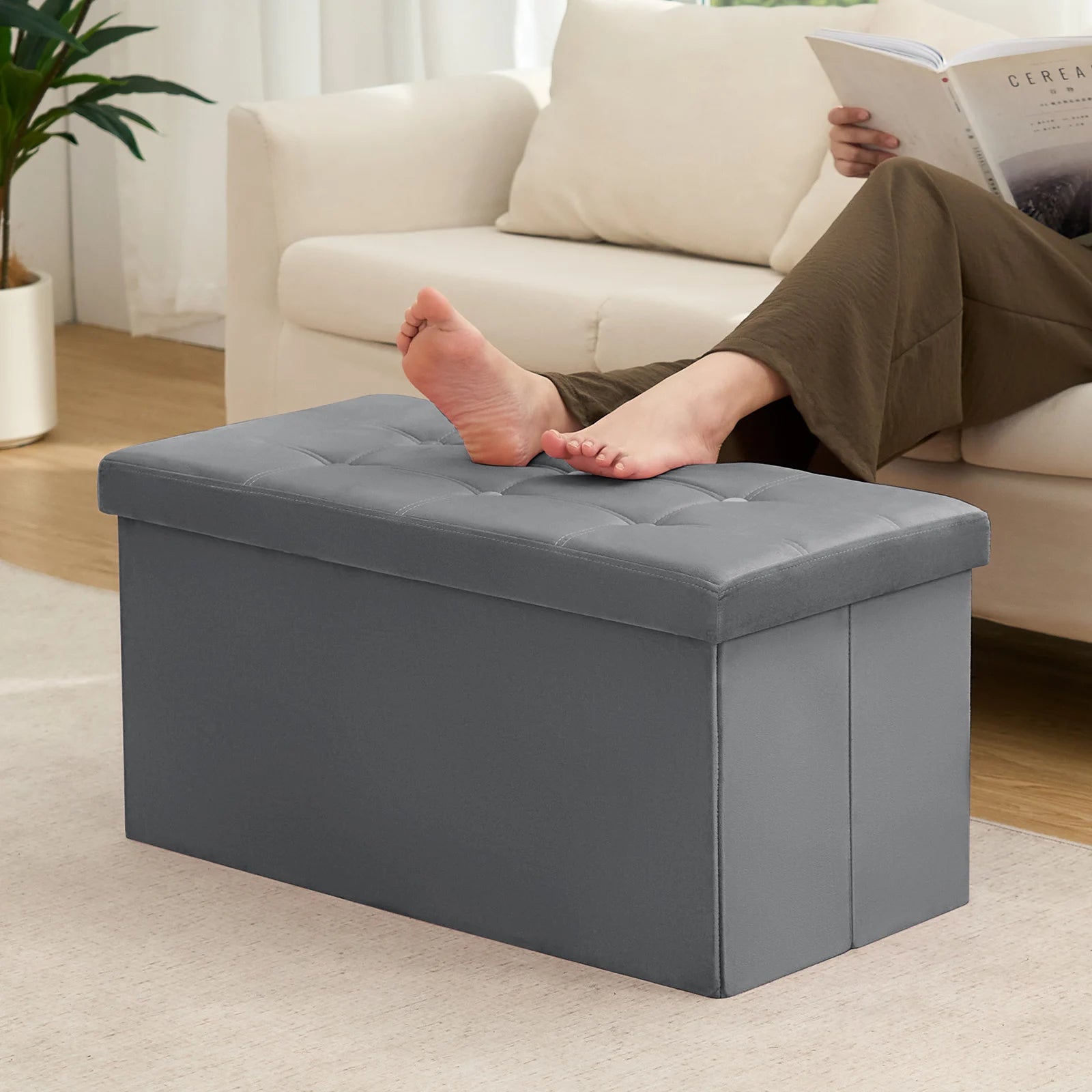 Folding Storage Ottoman Bench – 30″ Heavy-Duty Footstool with Storage
