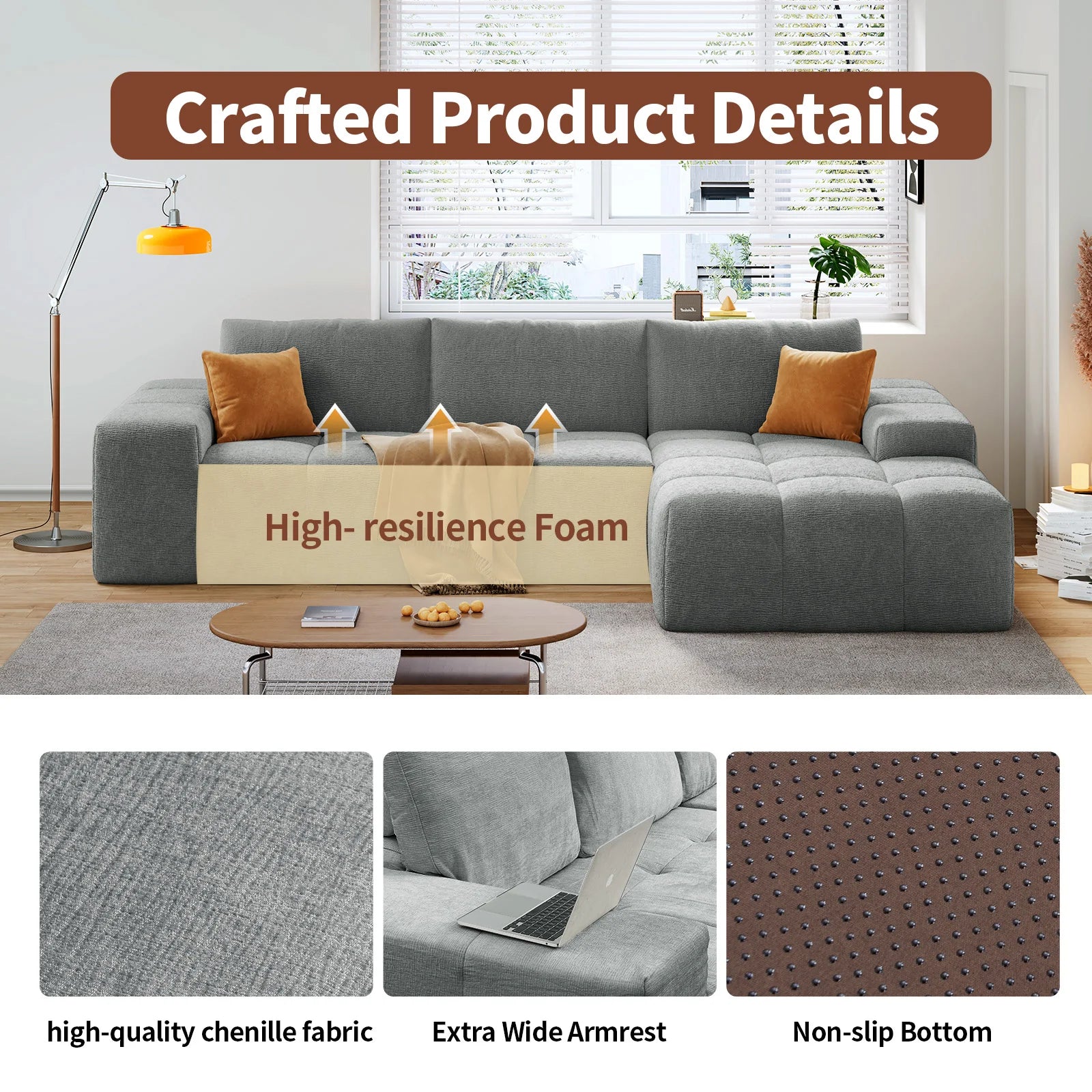 Modern L-Shaped Sectional Sofa, Modular Living Room Couch, Blue Fabric Upholstery, Contemporary Design for Home, Office (