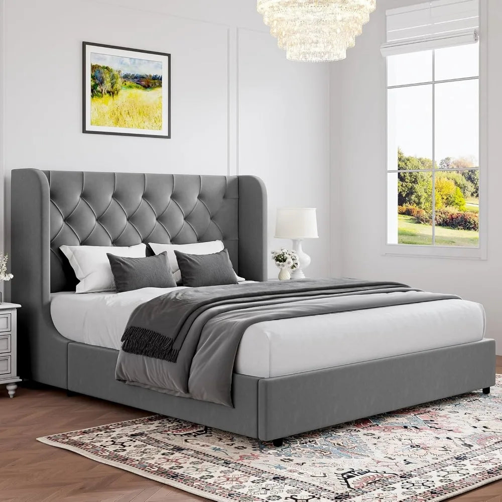 Velvet Upholstered Platform Bed Frame with Headboard – Curved Wingback Design