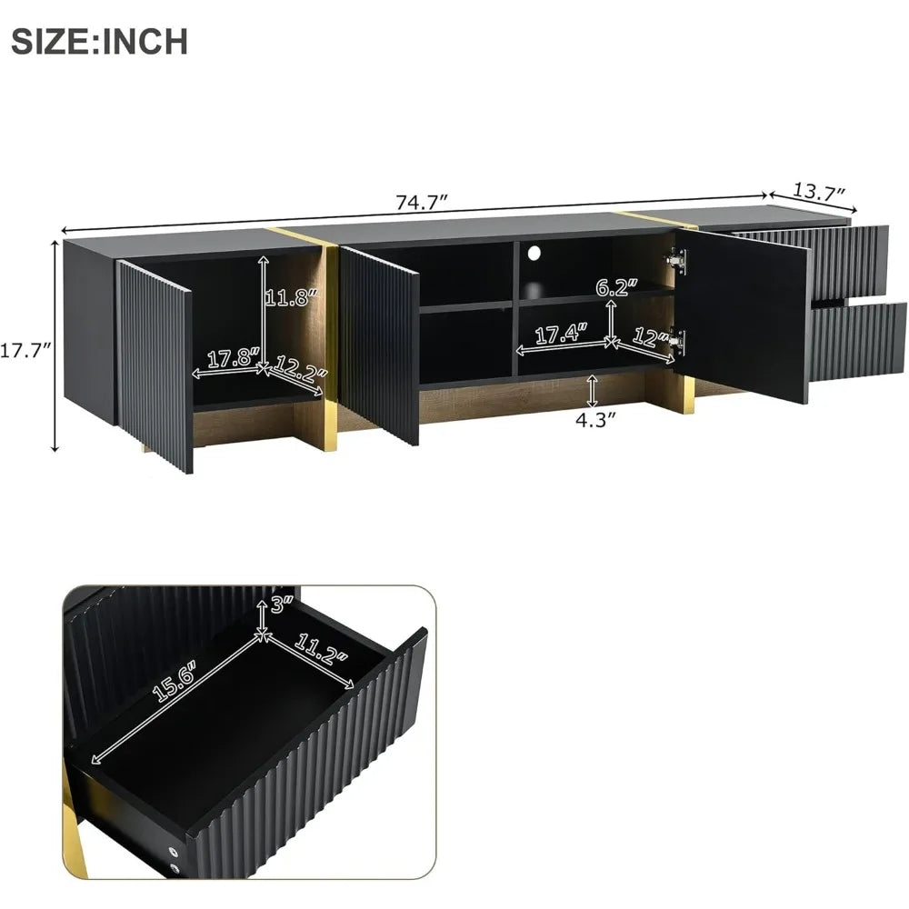 Luxury Fluted TV Stand with Storage Cabinets & Drawers, Smooth Media Console with Golden Wood Grain Legs, 75" L x 14" W x 18" H
