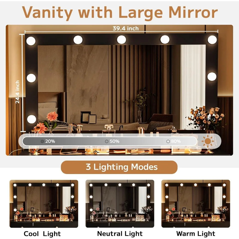 Black Vanity Desk with Mirror and Lights, 39.4'' Glass Top Makeup Vanity with RGB Cabinet Drawers Power Outlet 3 Color Light Mod