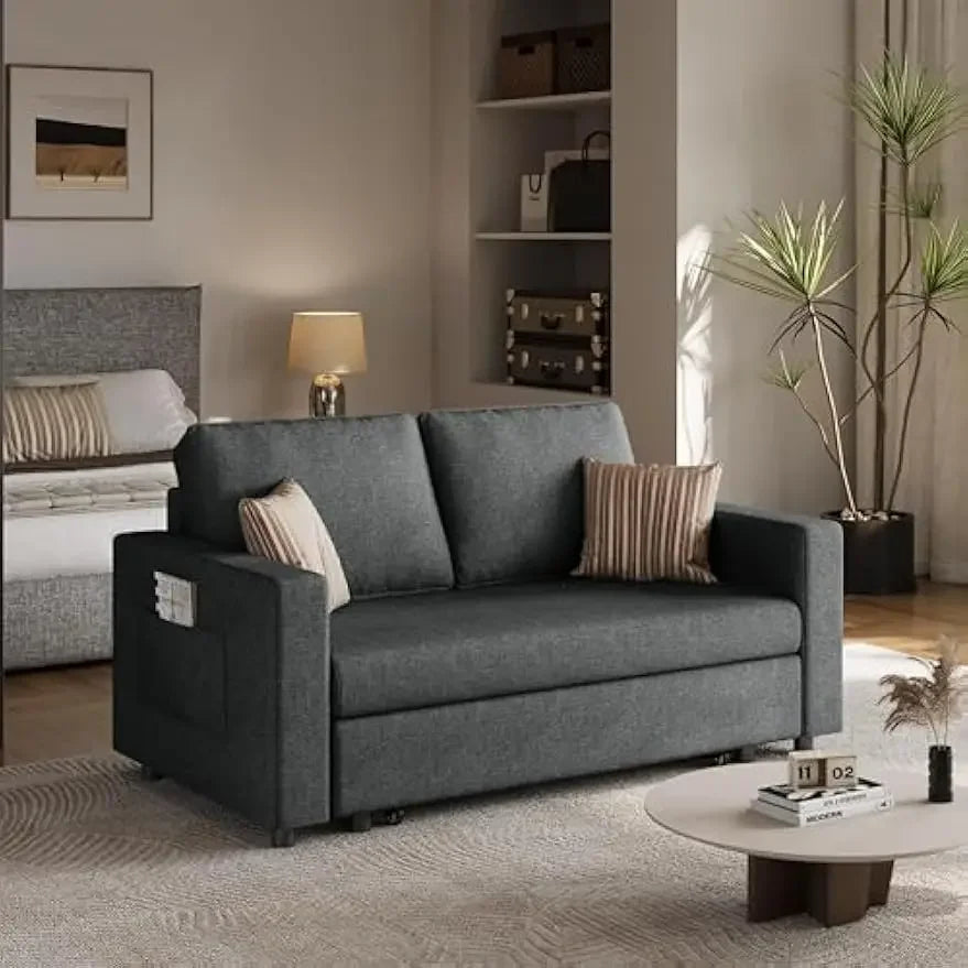 Pull-Out Trundle Bed Sleeper Sofa Convertible Couch for LimitedLiving Room Bedroom Guest Room Dark Gray 55.5 in