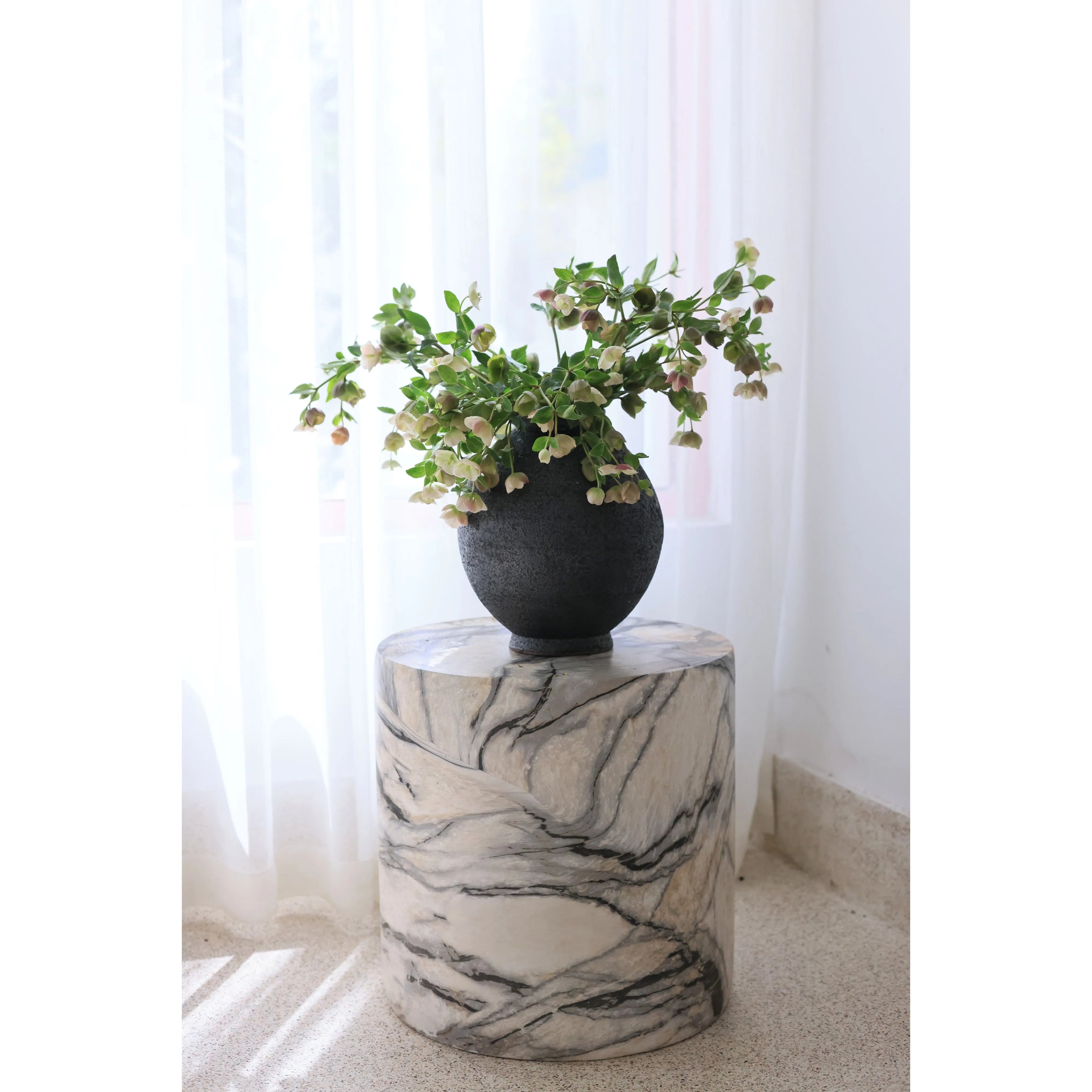 Black White Side Tables Cylindrical Imitate Marble Flowerpot Stand Artistic Coffee Table for Living Room Modern Sofa End Tables