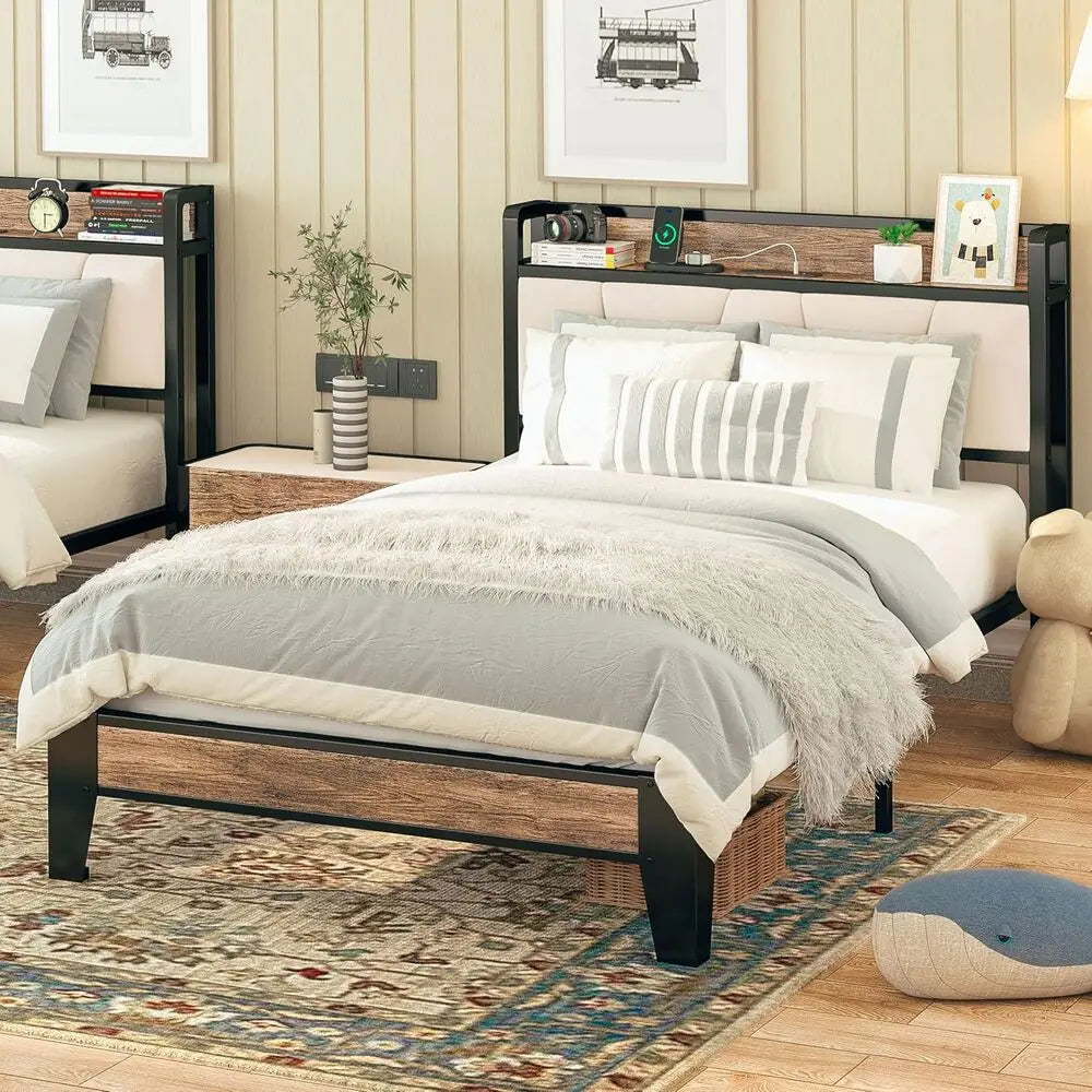 Twin Bed Frame with Storage Headboard & Charging Station – Solid, Noise-Free Platform Bed
