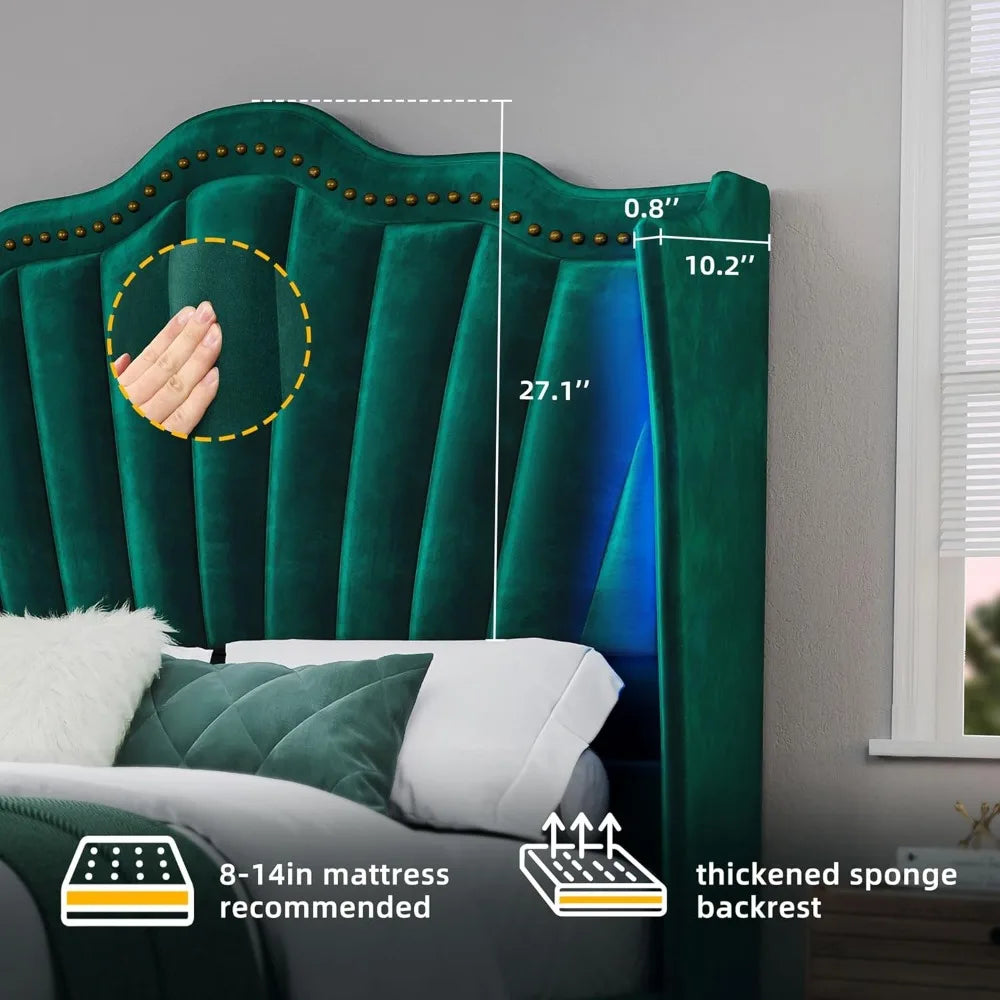 Queen Size DWVO Platform Bed Frame – Velvet Wingback Headboard & Footboard with LED Lighting