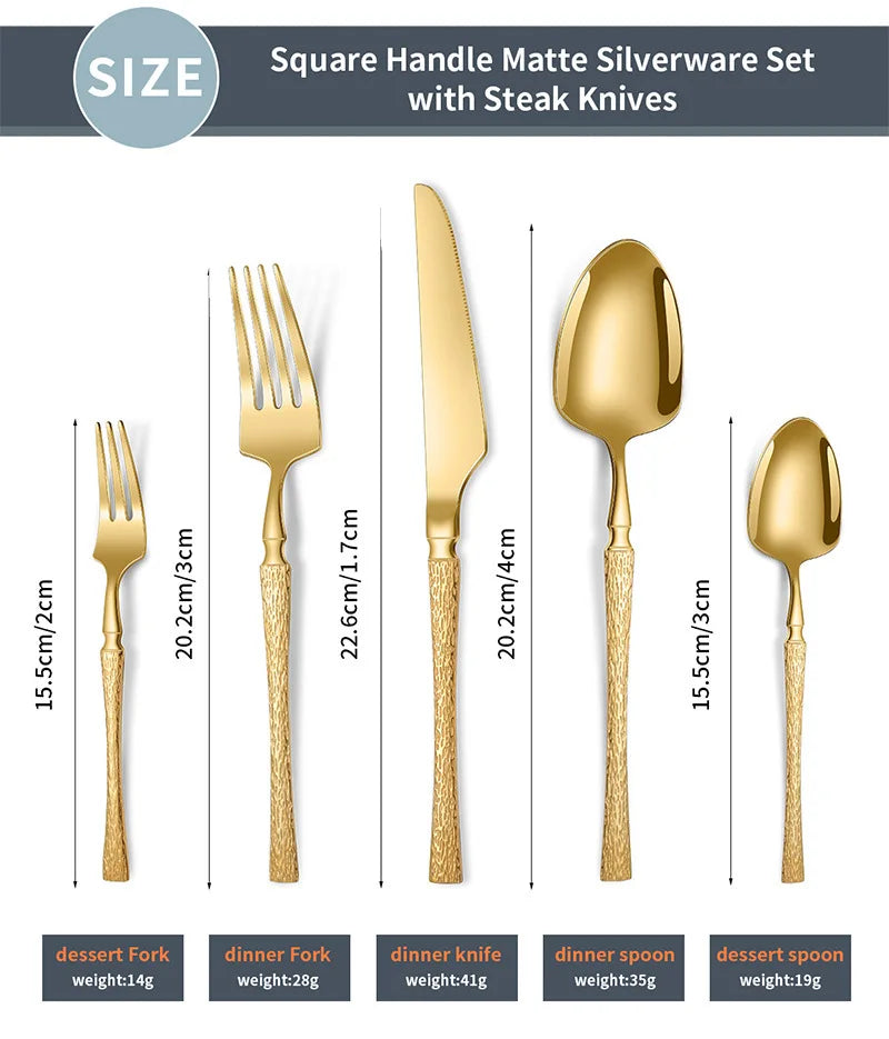 30pcs Hammer Pattern Small Waist Stainless Steel Steak Knife Fork and Spoon Creative Western Style Fork and Spoon Tableware Set