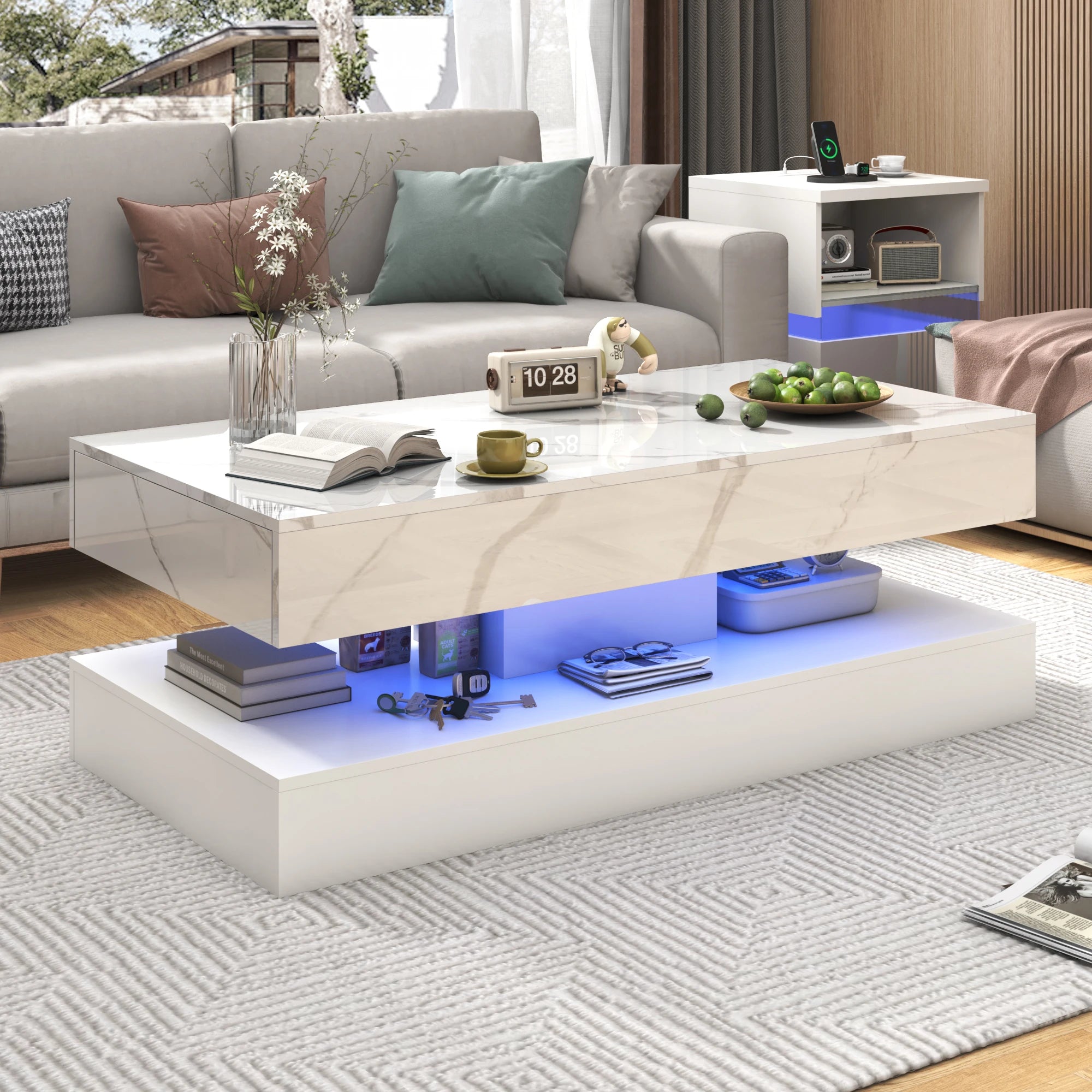 Modern LED Coffee Table with Double-Layer Design & Dual Storage Drawers