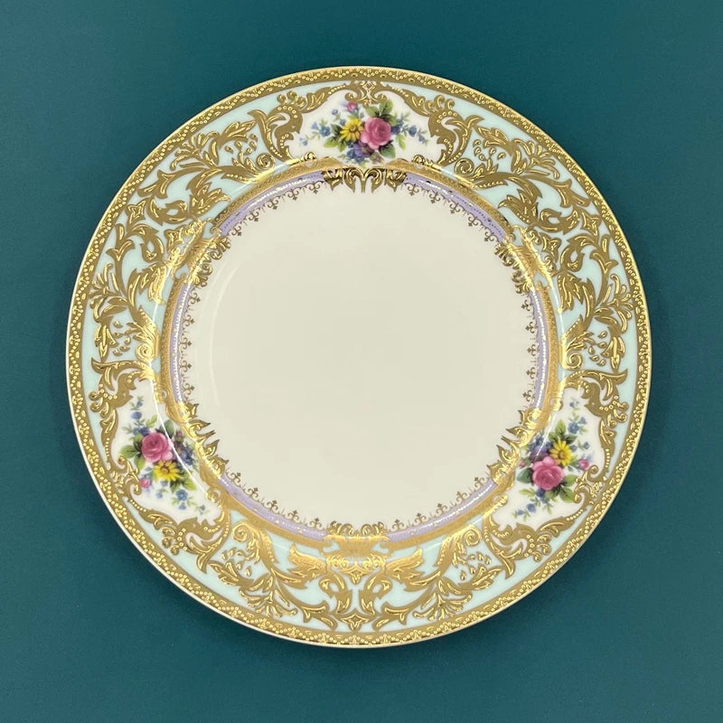 7″ Embossed Disc Bone Plate with Gold Edge – Light Luxury Dinner & Dessert Plate
