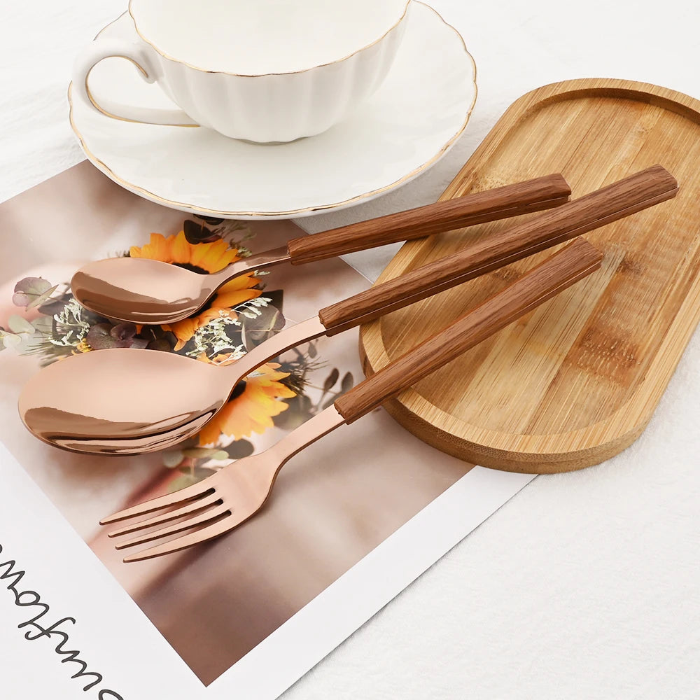 20Pcs Creative Rose Tableware Imitation Wood Handle Cutlery Set Knife Dessert Fork Spoon Dinnerware Set Stainless Steel Flatware