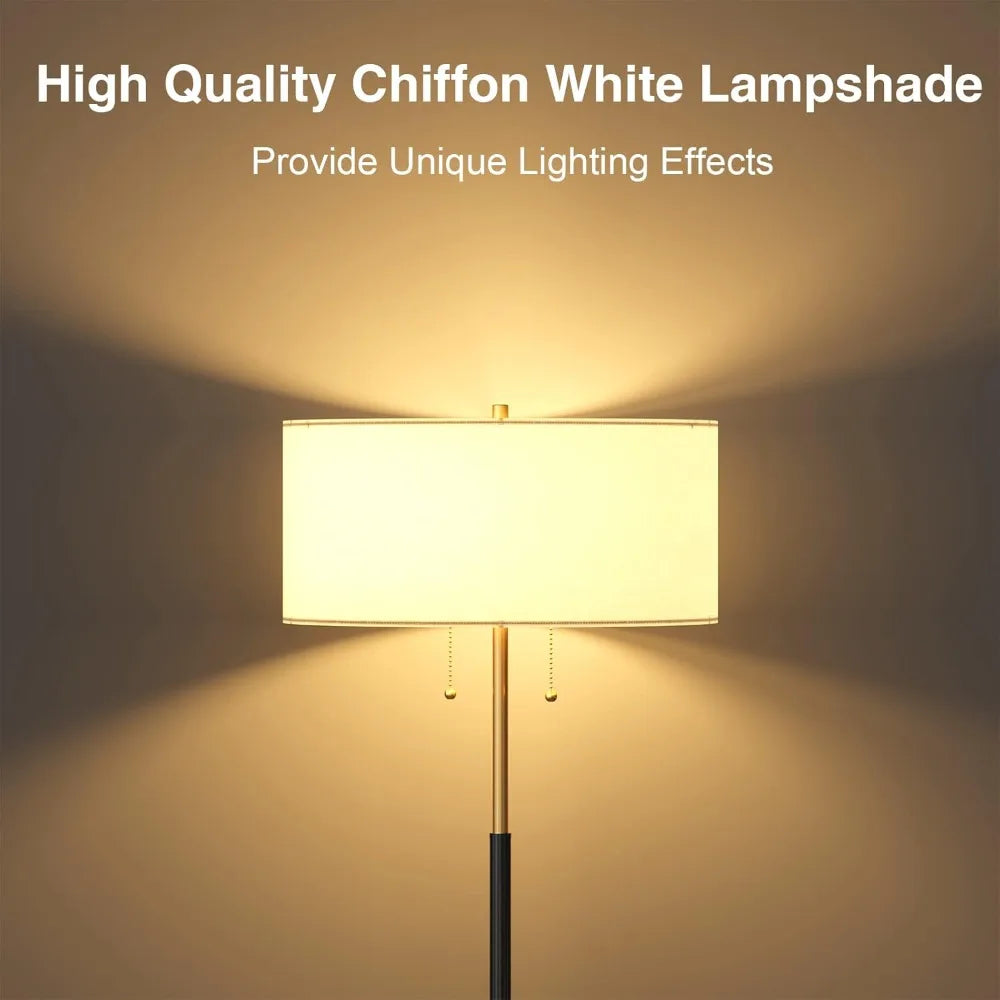 Mid Century Floor Lamp with White Fabric Shade, Standing Lamp Tall Lamp for Living Room Bedroom, 3 Color Temperatures 9W Bulb