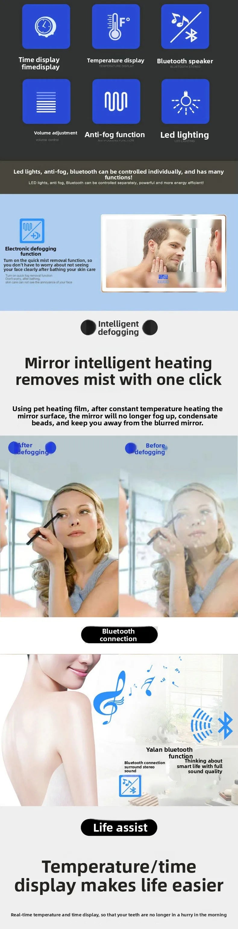 19.5 Inch Smart Round Mirror Bathroom Mirror Anti-fog Makeup Wall Hanging Bathroom Bathroom Led Mirror with Light Vanity Mirror