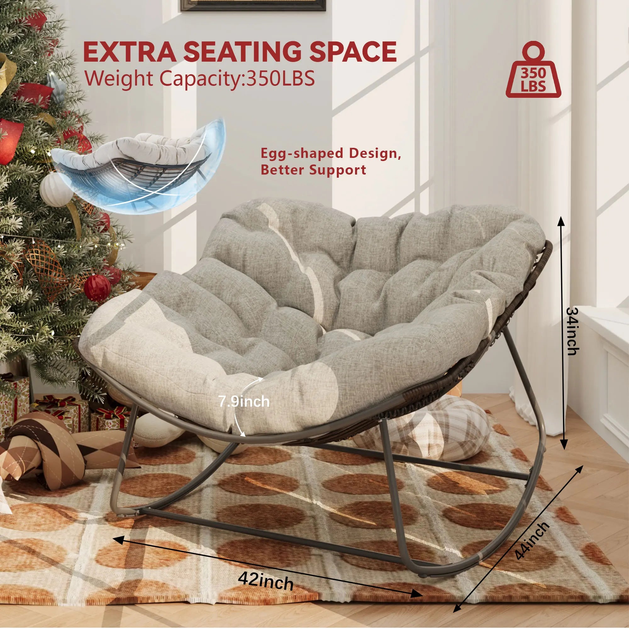 Wicker Egg Rocking Chair – Oversized Papasan Chair with Padded Cushion