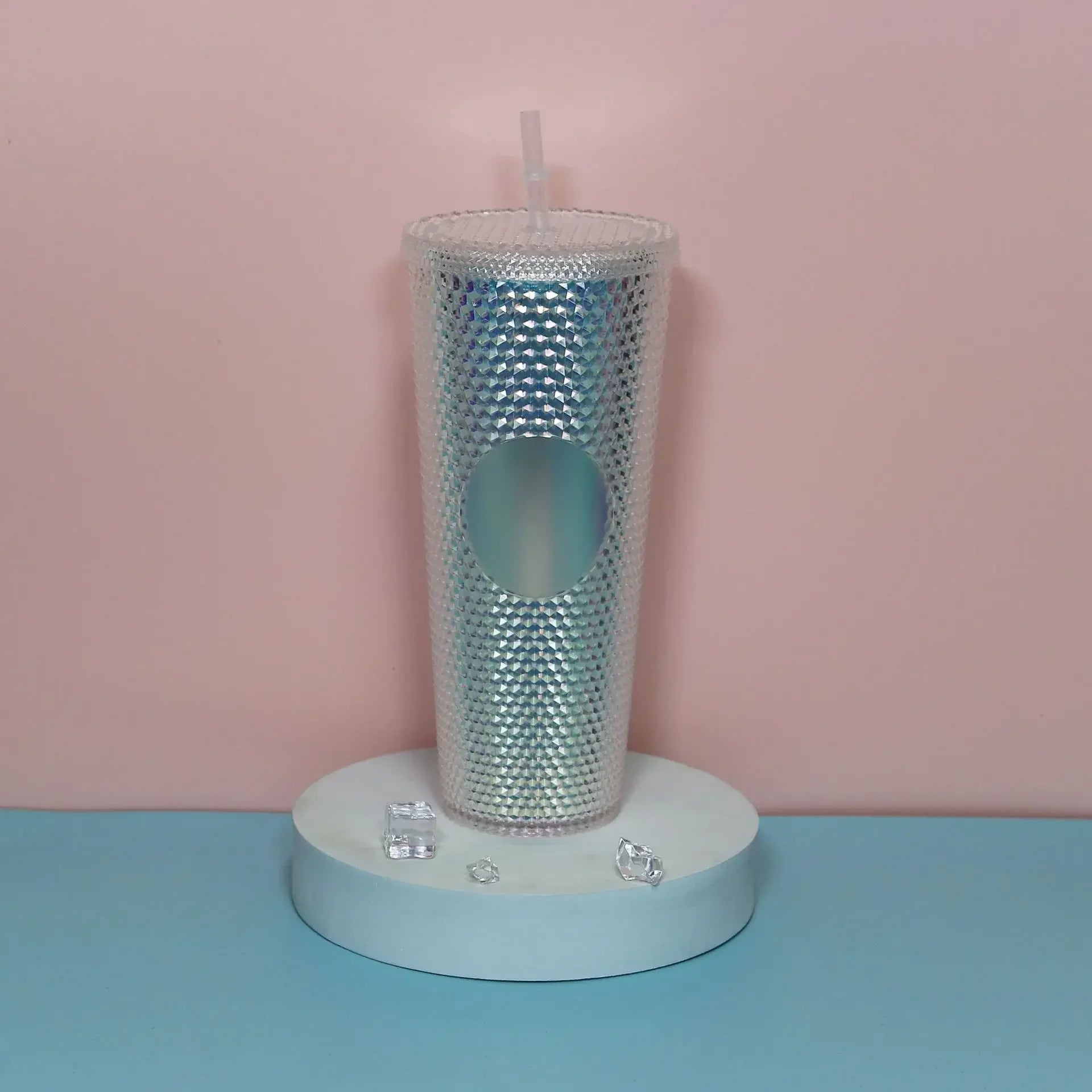 Diamond Pattern Double Layer Plastic Straw Cup with Gradient Color for Outdoor Travel Sports Drinkware Camping Gifts New