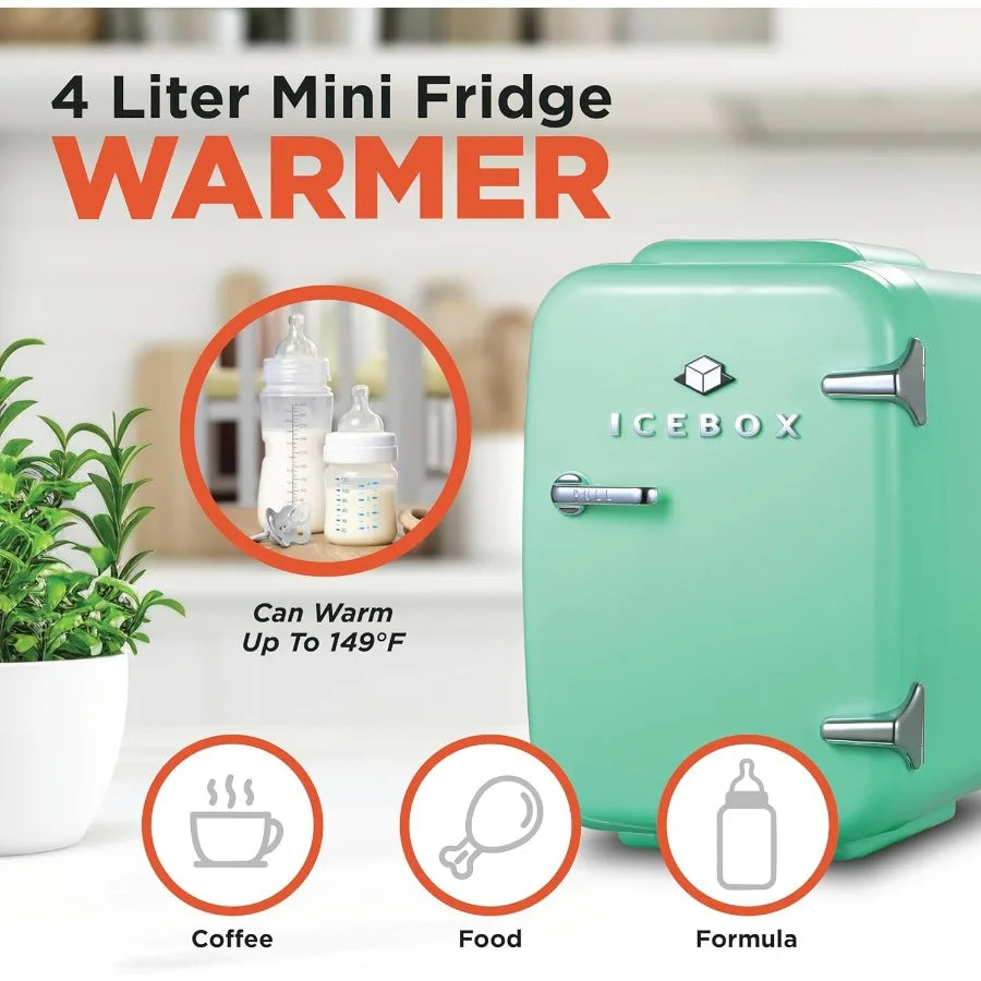 Mini Fridge for Bedroom Refrigerator Portable Cooler Warmer for Makeup Office Home Mini 4L 6-Can Mint Green
