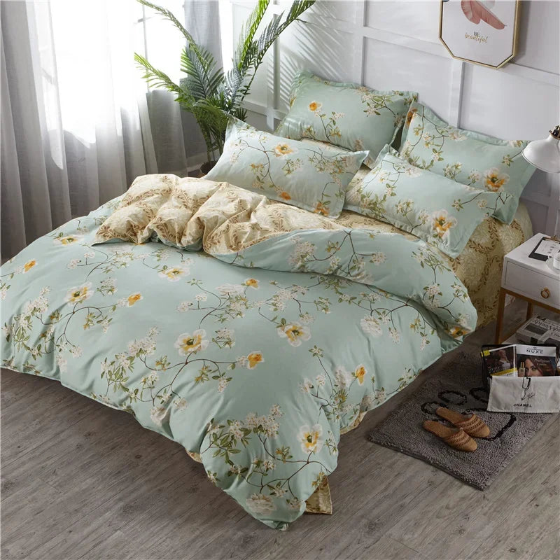 White Green Botanical Floral Duvet Cover Set Queen Reversible Gold Paisley Pattern Bedding Set Soft Microfiber Comforter Cover