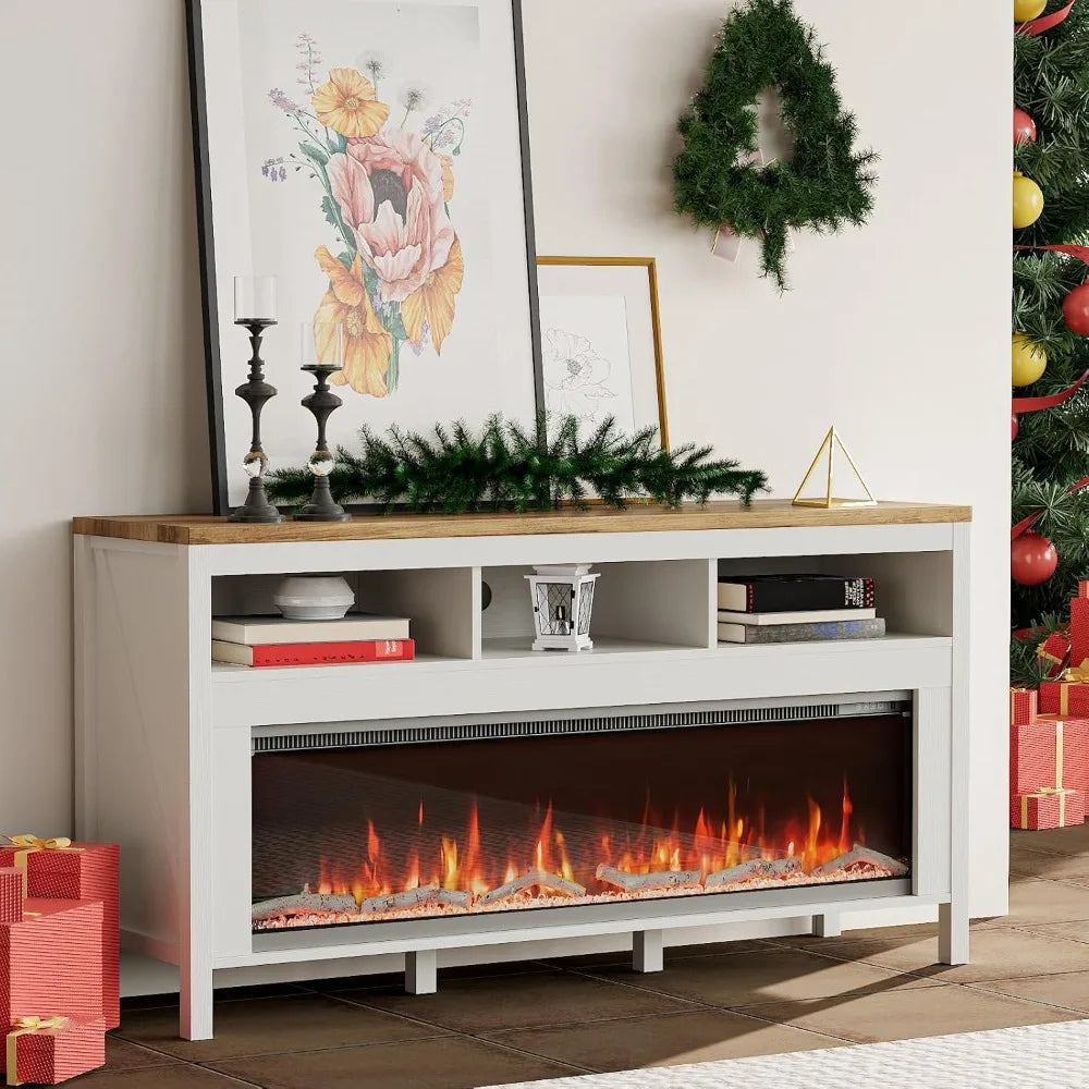 Fireplace TV Stand for TVs Up to 60 Inch,Modern Entertainment Center with 50" Electric Fireplace,White TV Console with Open