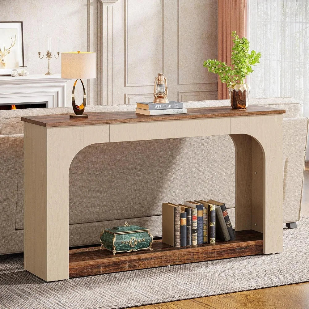 55-Inch Console Table with LED Lights, Farmhouse 2-Tier Narrow Sofa Table with Storage, Wood Foyer Entryway Behind Co