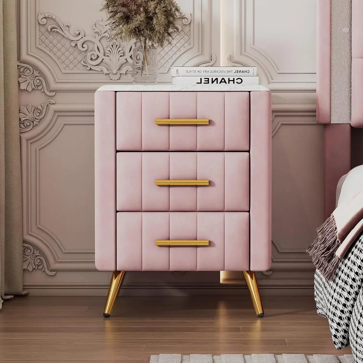 Modern Wooden Nightstand with 3 Drawers and Metal Legs&Handles,Velvet Upholstered Bedside Table with Marbling Worktop (Beige-01)