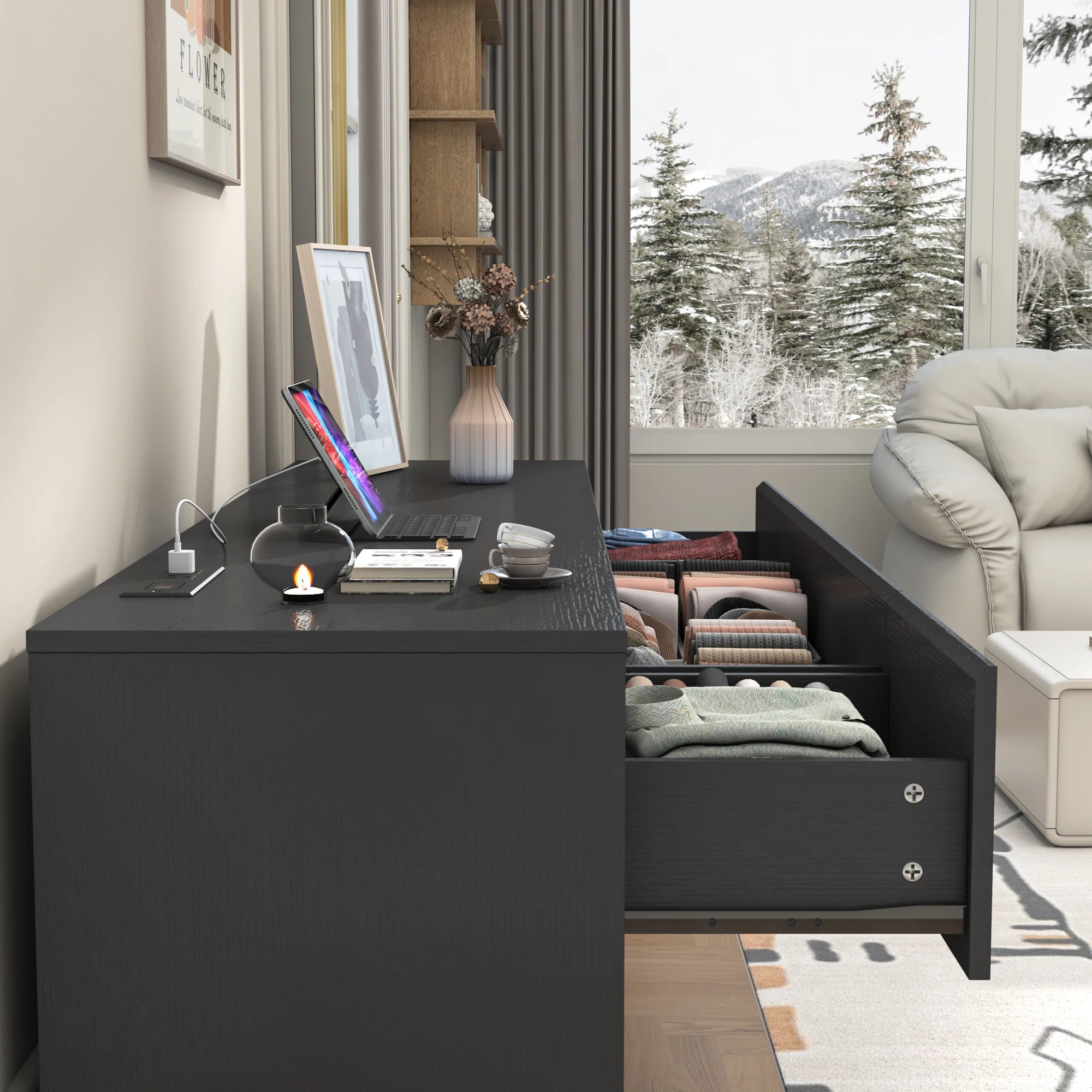 9 Drawer Dresser for Bedroom, 63" Modern Large Wood Chest of Drawers with Charging Station Handle Free, Storage Organizer Closet