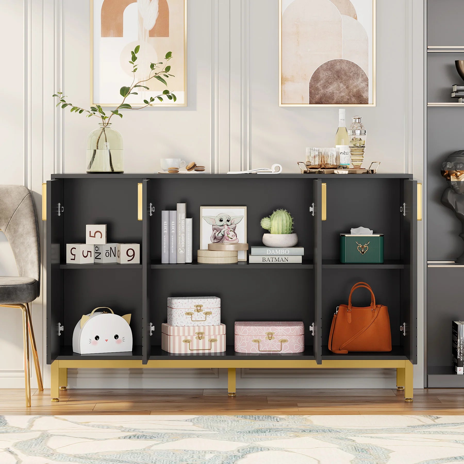 Tribesigns Modern Storage Cabinet, 59 Inch Console Cabinet Sideboard Buffet Cabinet with 4 Doors & Gold Metal Base