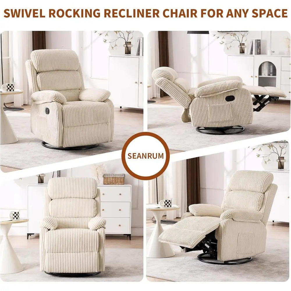 360-Degree Swivel Rocking Recliner Chair with Side Pocket for Nursery and Comfortable Velvet Upholstered Single Sofa Armchair, I