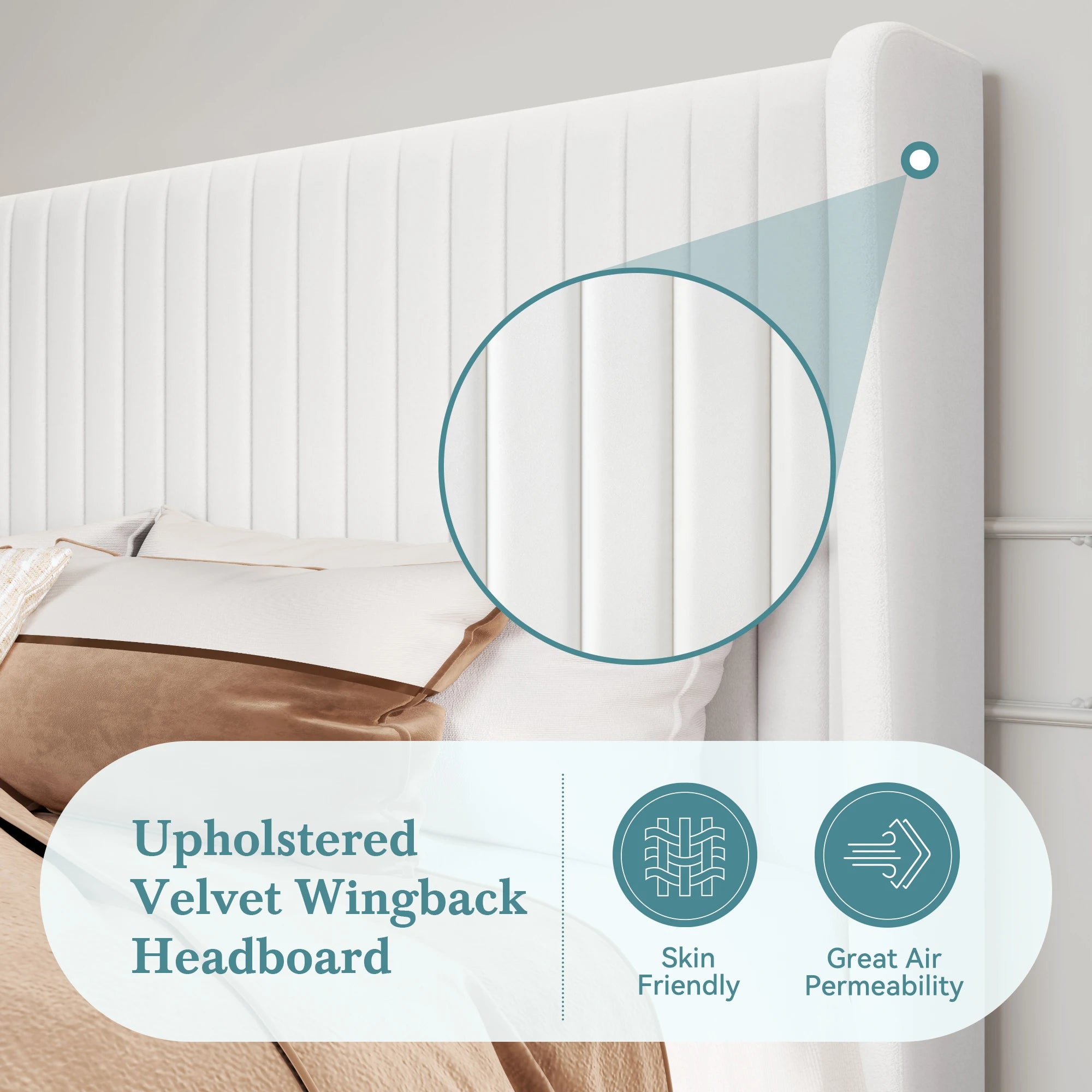 Velvet Upholstered Bed Frame – Vertical Channel Tufted Wingback Headboard