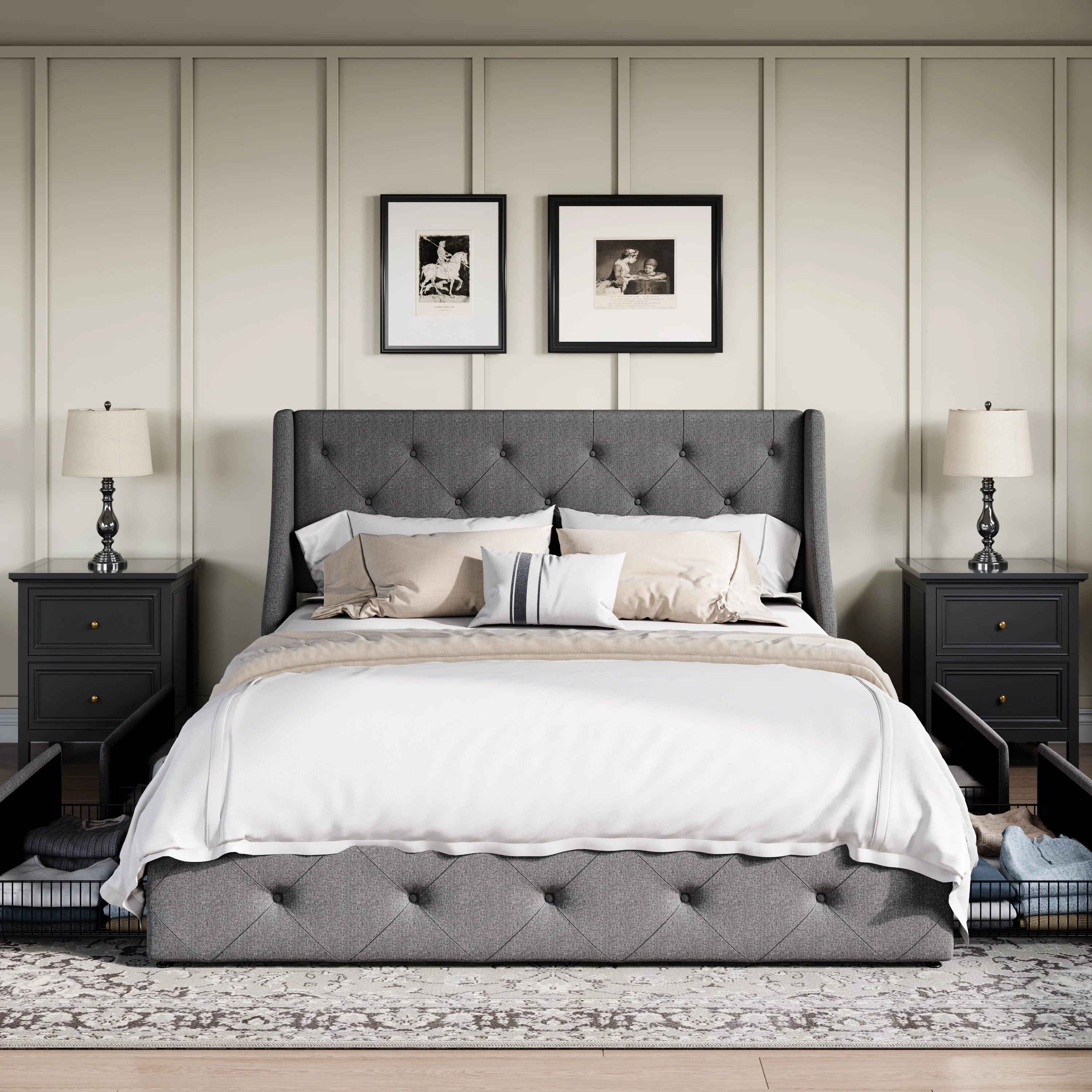 Upholstered Platform Bed Frame with 4 Storage Drawers – Wingback Button-Tufted Headboard