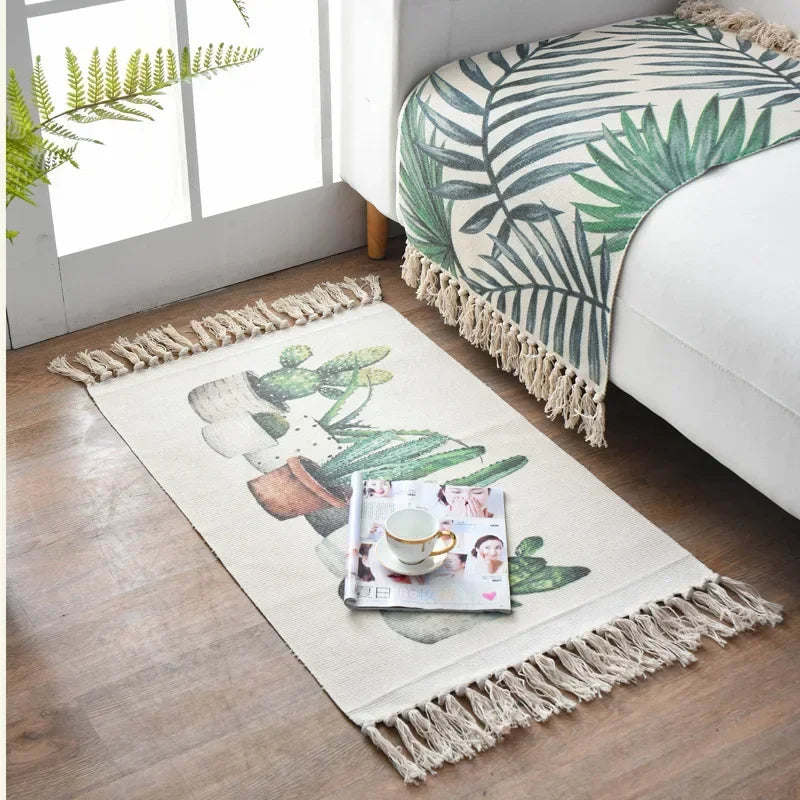 Nordic Cotton And Linen Knit Rug Ethnic Style Carpet Tassel Small Rug Bedroom Kitchen Rugs Mat Boho Washable Home Decoration