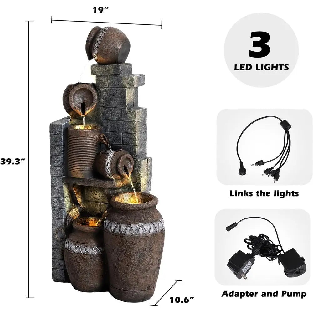 Outdoor Water Fountain, Garden Waterfalls Fountains with LED Lights, 6 Tier Modern Indoor/Outdoor Floor Standing Water Fountain