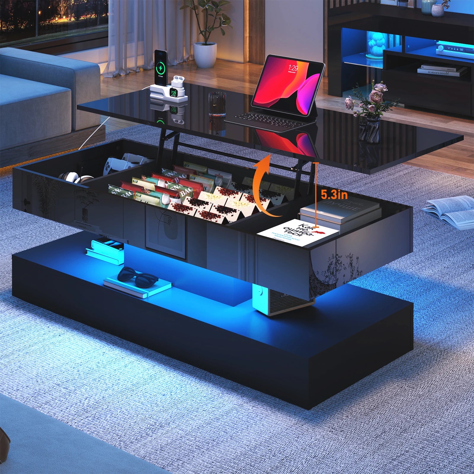 High-Gloss LED Coffee Table – White Center Table with Open Display Shelf & Large Storage