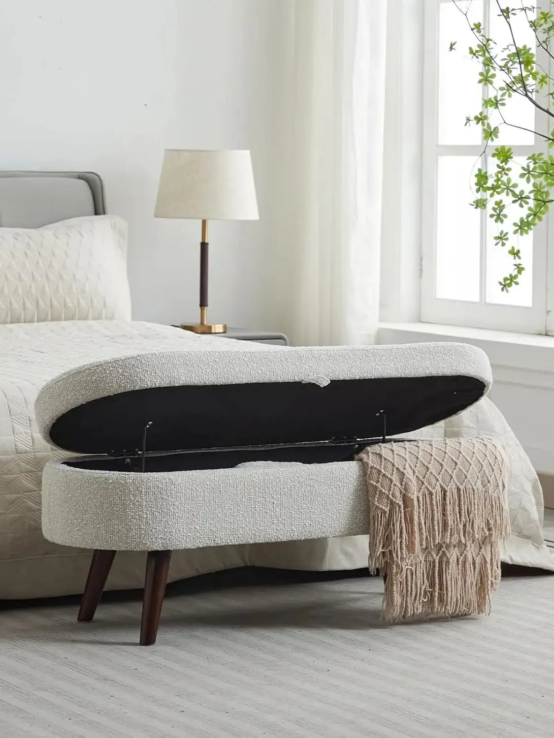 Bouclé Storage Ottoman Bench – 43.8″ Oval Flip-Top with Wood Legs