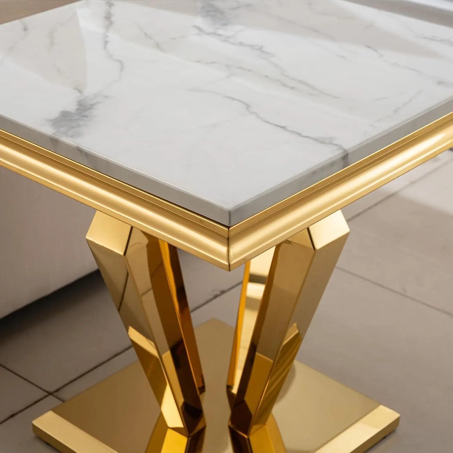 White Marble Side Table Small End Table with Stainless Steel Diamond-Shaped Base,Faux Marble Living Room Side Table, Night Stand
